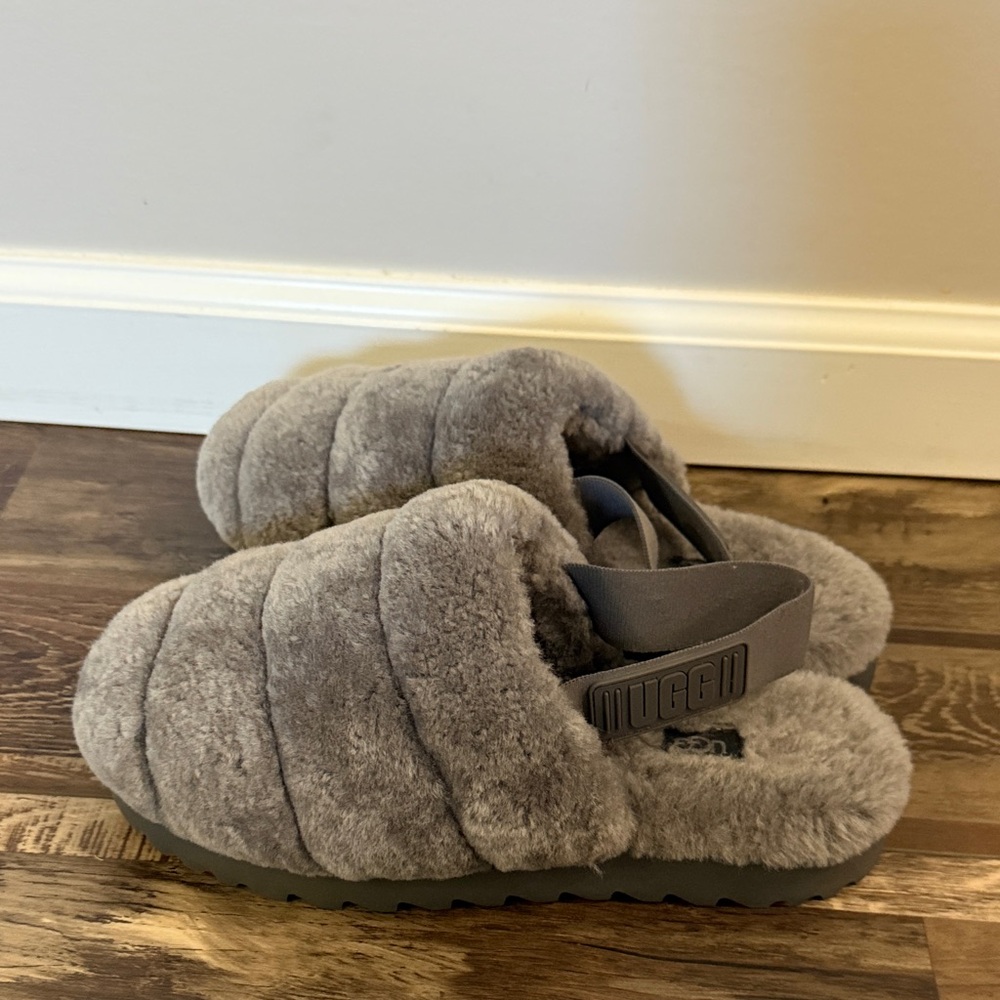 UGG Grey Plush Shearling Slide with Back Strap
